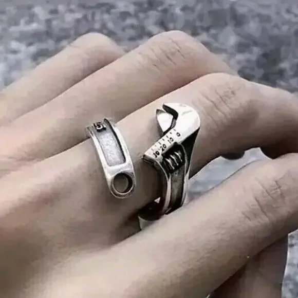 Adjustable Wrench Ring Retro VTG Design Motorcycle Men Tool Worker